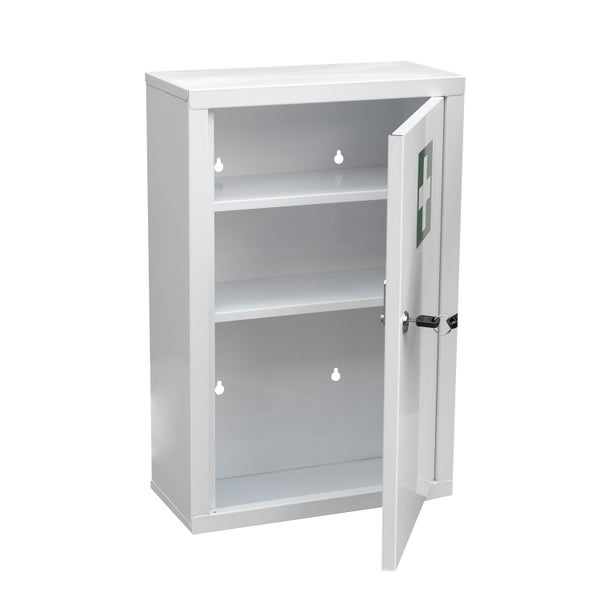 Erste-Hilfe-Schrank mit zwei Einlegeböden und offenstehender Tür