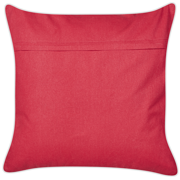 Quadratisches rotes Zierkissen aus Textil mit Verschluss auf der Rückseite.