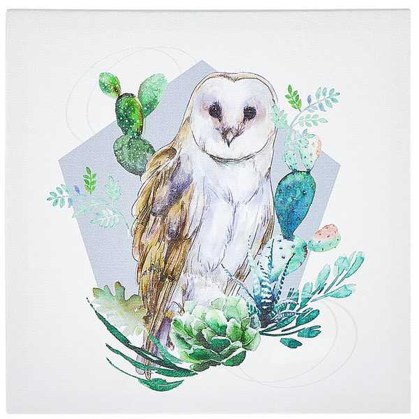 Wandbild mit einer Schleiereule umgeben von Kakteen und Sukkulenten im Aquarellstil auf Leinwand.