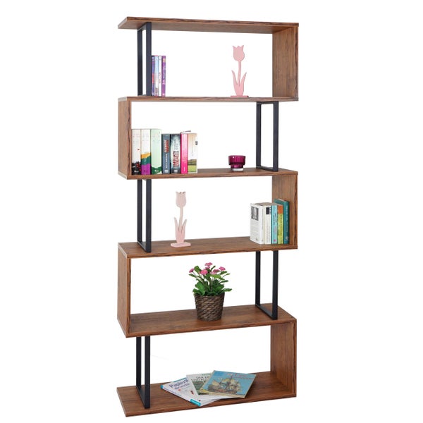 Dekoratives Bücherregal mit Holzregalböden und schwarzem Metallrahmen