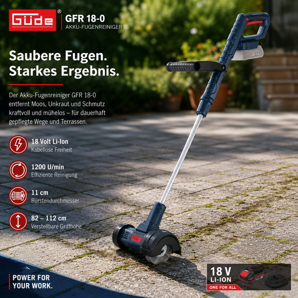 Güde Akku-Fugenreiniger GFR 18-0 auf gepflasterter Terrasse, verstellbarer Teleskopstiel, 18 Volt Lithium-Ionen-Akku. Güde Logo.
