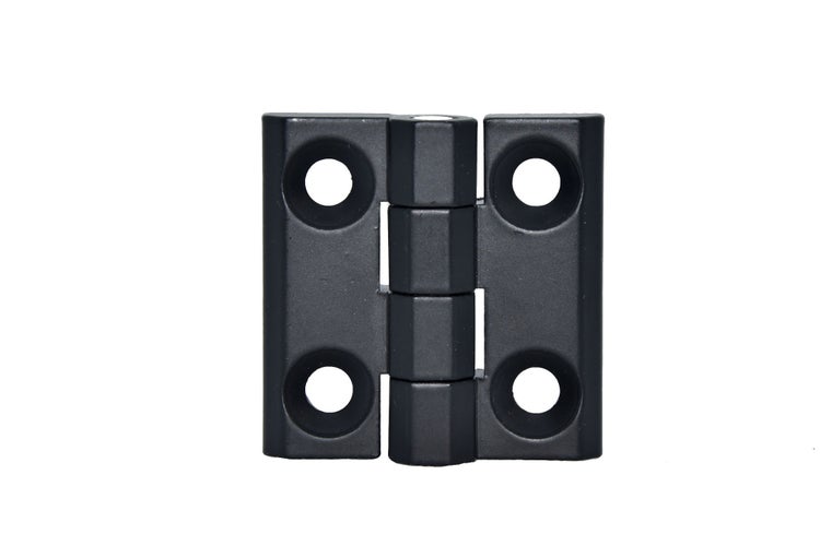 Ein quadratisches Scharnier aus Metall mit vier Schraublöchern für Türen oder Möbel.