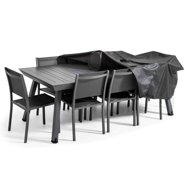 Gartenmöbel-Set aus Aluminium mit rechteckigem Tisch, Stühlen und Schutzhülle in Anthrazit.