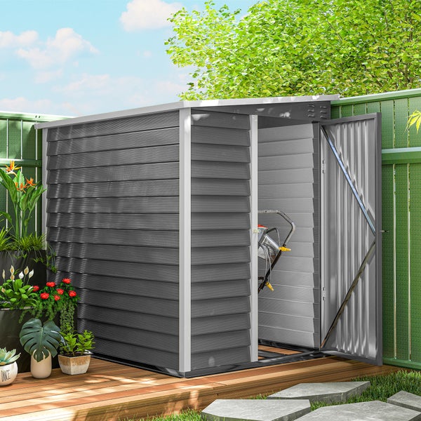 Outsunny Metall Gerätehaus 2,3m² 142x184x181cm Geräteschuppen mit Fundament Pultdach Fenster abschließbar Tür Handschuhe wetterfest Gartenhaus Outdoor Garten Schuppen für Garten Hinterhof Hellgrau