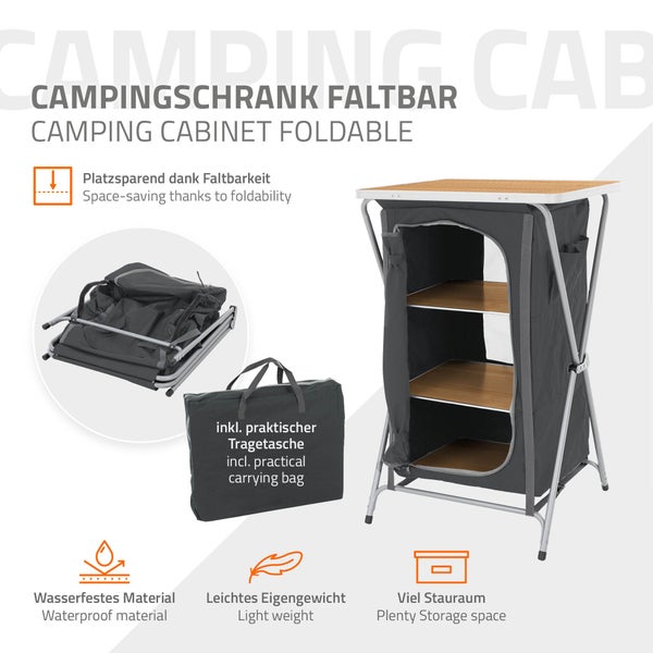 ECD Germany Campingschrank faltbar Holzoptik-Schwarz, 60x97,5x53cm, Campingküche mit Aluminiumgestell, Küchenbox tragbar mit Arbeitsplatte, 3 Ablagen, Tragetasche, Outdoorschrank Faltschrank aus Stoff