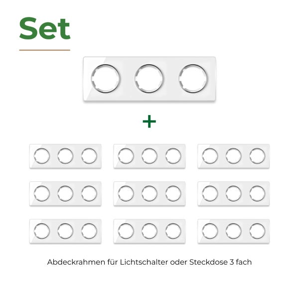 Set aus zehn dreifachen Abdeckrahmen für Lichtschalter oder Steckdosen für die Unterputzinstallation