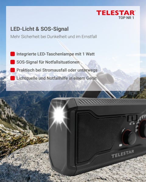 Telestar Top NR 1 Notfallradio mit integrierter 1 Watt LED Taschenlampe und SOS Signal Funktion für den Einsatz bei Stromausfall oder Unterwegs.