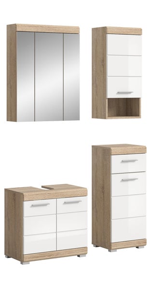 Vierteiliges Badezimmermöbel-Set in Eiche-Optik mit weißen Hochglanz-Fronten, bestehend aus Spiegelschrank, Unterschrank und zwei Beischränken.