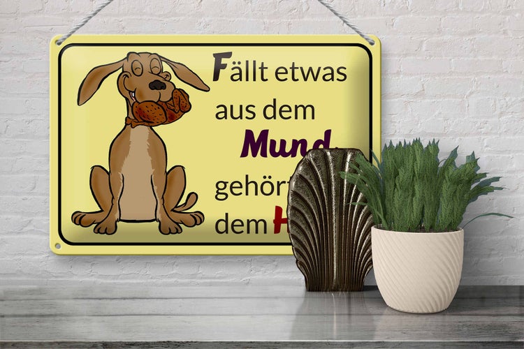Blechschild Spruch 30x20cm fällt aus Mund gehört dem Hund