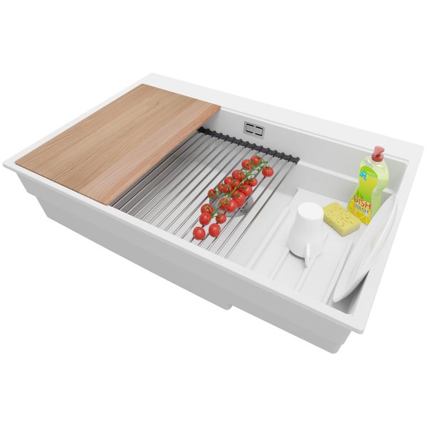 PRIMAGRAN Spülbecken Weiß 78x53cm, Granitspüle 1 Becken + Ablauf-Set + Küchenzubehörset, Küchenspüle ab 80er Unterschrank - Oslo Max
