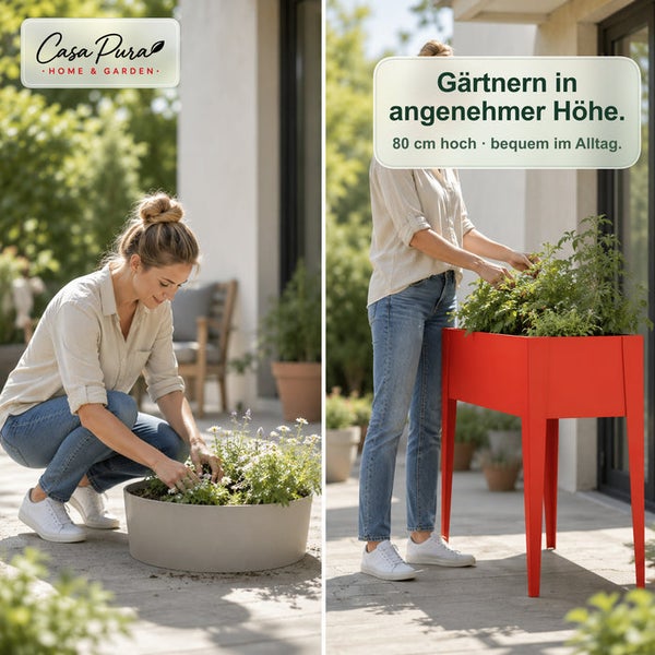 Vergleich: Gärtnern in der Hocke am Boden versus bequemes Arbeiten im Stehen an einem 80 cm hohen, roten Hochbeet auf einer Terrasse.