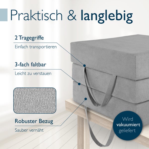Dreifach faltbare Gästematratze mit zwei Tragegriffen und robustem Bezug, vakuumverpackt geliefert.