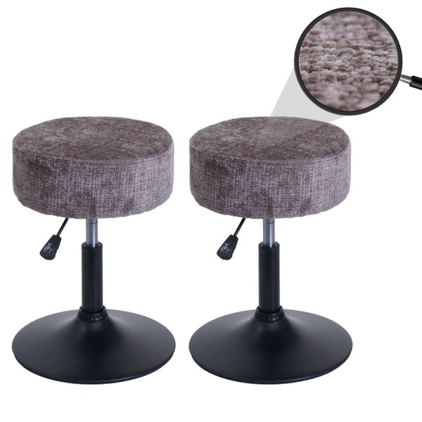 Zwei höhenverstellbare Hocker mit rundem Sitz und Stoffbezug