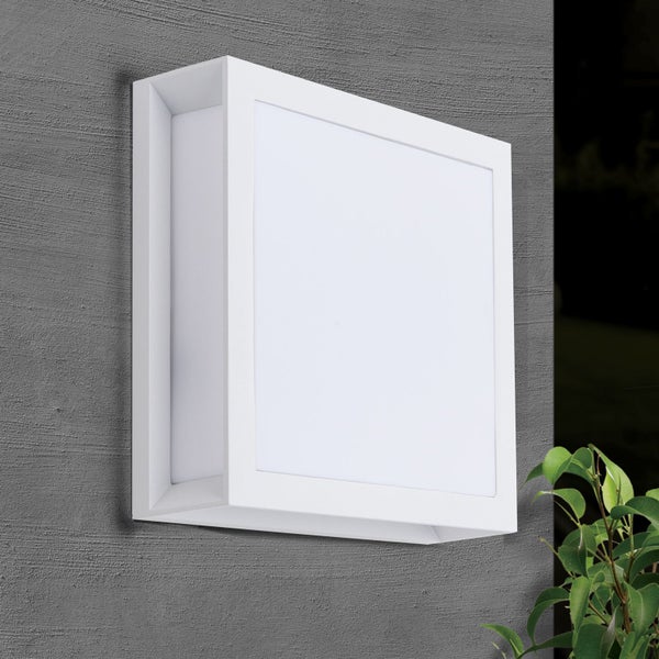 Quadratische LED-Außenwandleuchte in modernem Design, montiert an einer grau strukturierten Fassade neben einer grünen Pflanze.