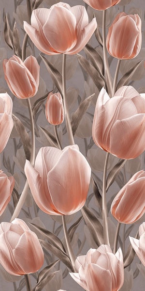 Wandbelag mit floralem Muster aus großen Tulpenblüten, Stielen und Blättern.