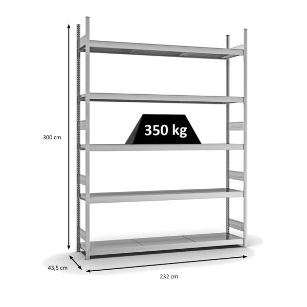PROREGAL Weitspannregal Stecksystem T-Profil Grundregal HxBxT 300x225x40 cm 5 Ebenen Stahlplatten Fachboden Fachlast 350 kg Verzinkt