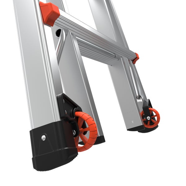 Detailansicht einer Aluminiumleiter mit Rollen für den einfachen Transport und stabilen Standfüßen