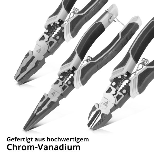 Drei Zangen aus Chrom-Vanadium: Kombizange, Flachrundzange und Seitenschneider mit Abisolierfunktion, ergonomischen Griffen und Stahlwerk Logo.