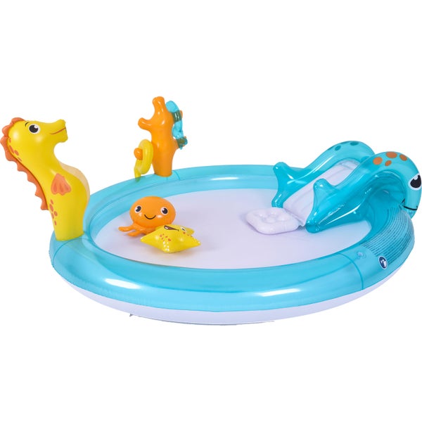 Aufblasbarer Kinderpool im Meeresdesign mit integrierter Rutsche, Seepferdchen, Krake und Seestern Spielzeug.