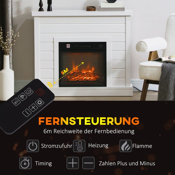 Weißer Kaminumbau mit elektrischem Einsatz in einem hellen Zimmer. Eine Fernbedienung mit 6 Meter Reichweite steuert Heizung, Flammen und Timer.