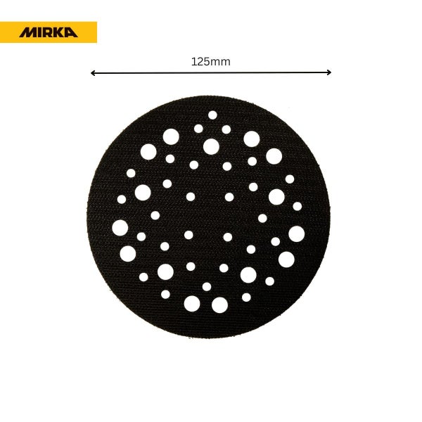 Mirka Logo und runde Schleifscheibe mit 125 Millimeter Durchmesser und Lochung für Exzenterschleifer.
