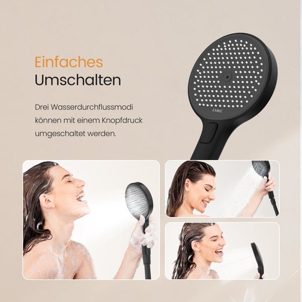 EMKE Handbrause in Schwarz mit drei Strahlarten, umschaltbar per Knopfdruck. Abbildungen zeigen verschiedene Wasserstrahlmuster bei der Anwendung.