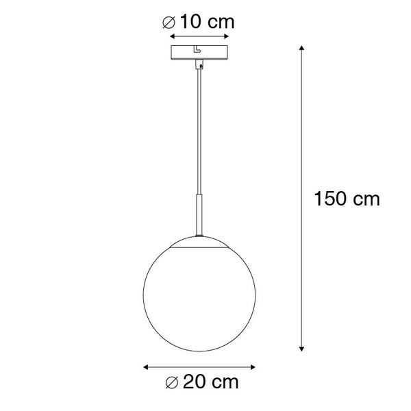 Technische Zeichnung einer Pendelleuchte mit Kugelform und den Maßen: Höhe 150 cm, Durchmesser Lampenschirm 20 cm, Durchmesser Deckenbefestigung 10 cm