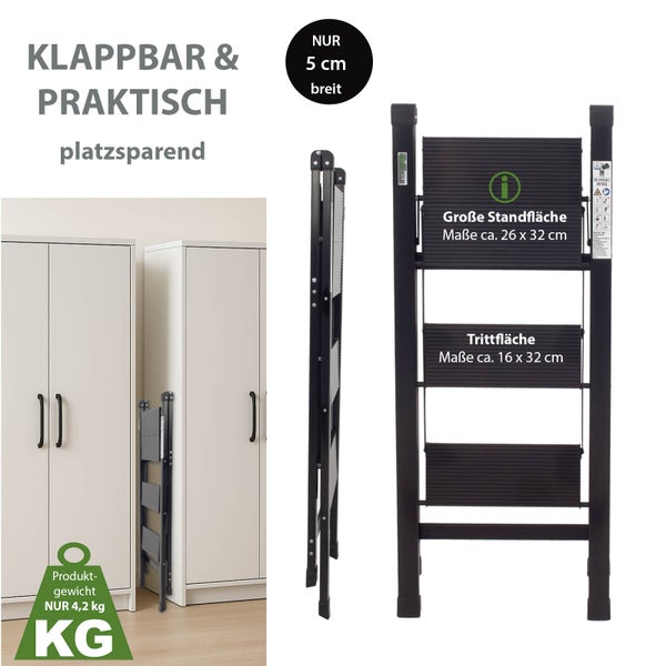 Zusammenklappbare Trittleiter mit drei Stufen und einer großen Standfläche von Holm
