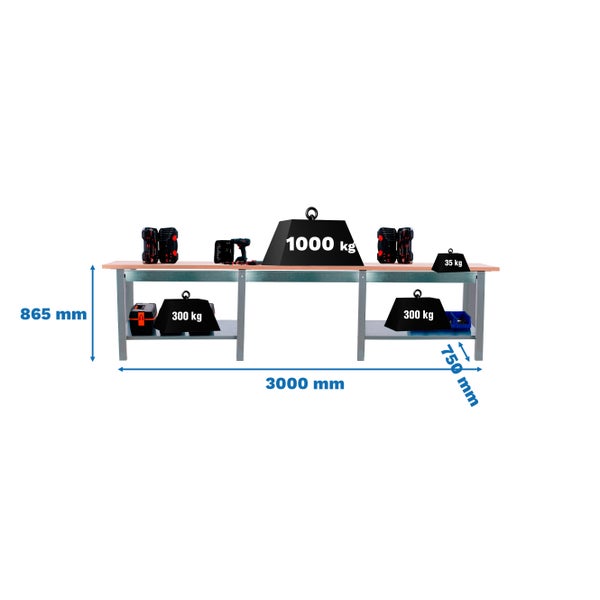 Werkbank BUFFALO WOOD mit 3x Schublade| HxBxT 86,5x300x75cm | Traglast 1000kg | Grau