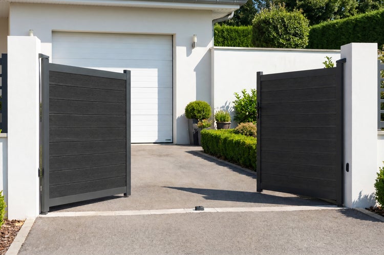 Zweiflügeliges Einfahrtstor aus Aluminium und WPC mit horizontalen Paneelen in Anthrazit vor einer Garage.