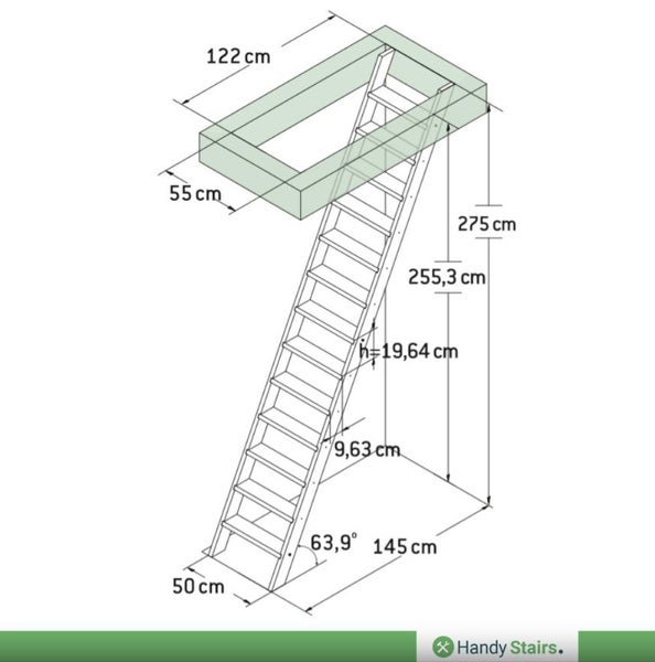 Platzsparende Müllertreppe MGS50 | 50cm breit | Höhe 275 cm