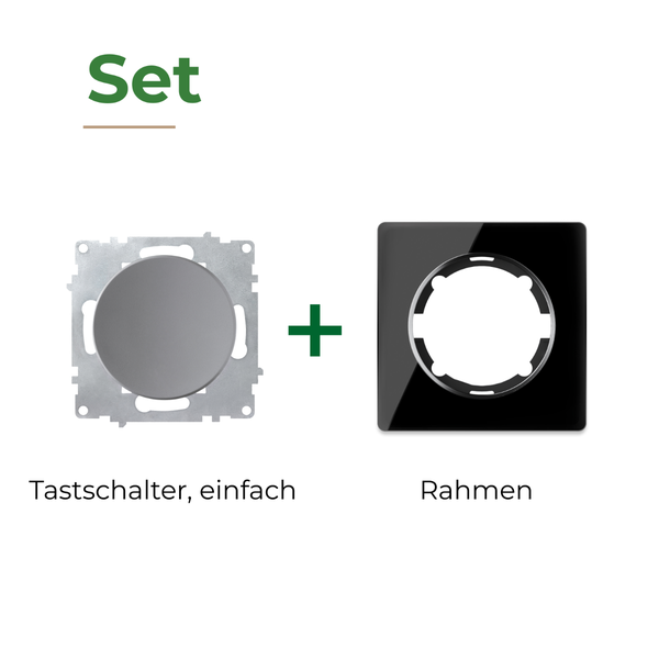 Set bestehend aus einem einfachen Tastschalter und einem Rahmen für die Elektroinstallation.