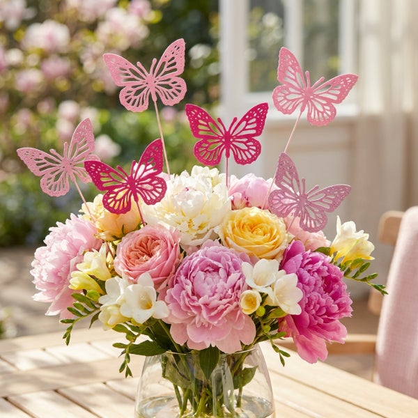 Blumenstrauß aus Pfingstrosen und Rosen in Glasvase mit dekorativen Schmetterlingssteckern auf einem Holztisch im Freien