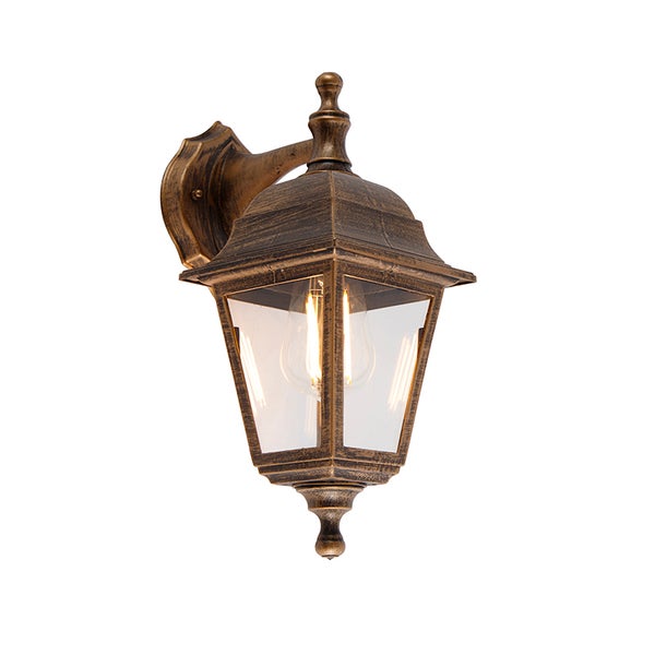Außenwandleuchte im Laternen-Stil aus Metall in Antik-Optik mit klaren Glaseinsätzen.