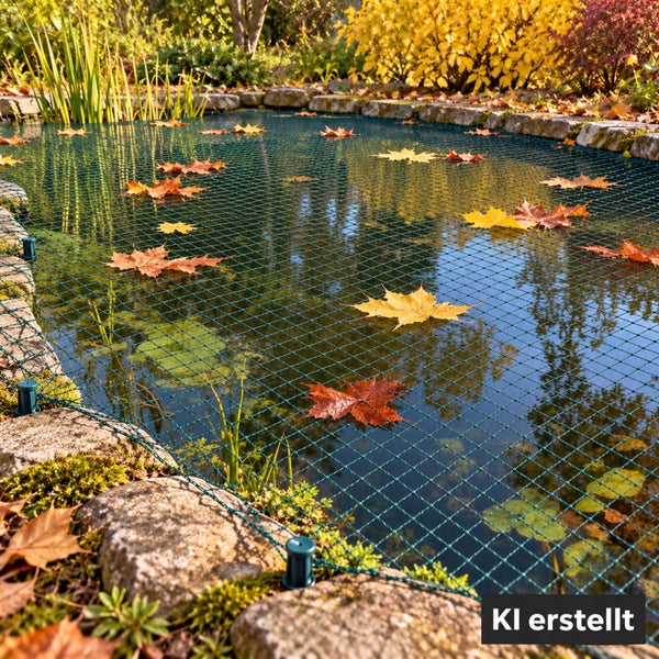 Ein Teichnetz spannt sich über einen Gartenteich und hält herabfallendes Herbstlaub ab.