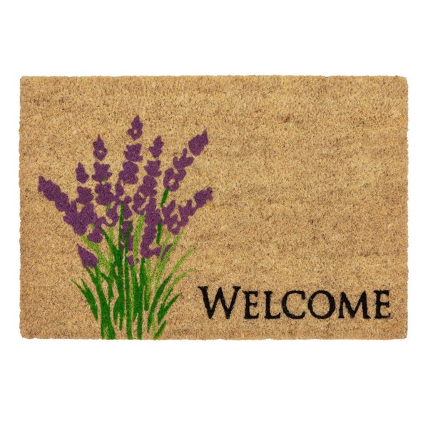 Fußmatte aus Kokosfaser mit Lavendelmotiv und der Aufschrift Willkommen