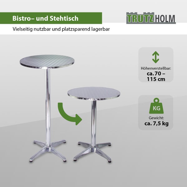 Trutzholm Bistro- und Stehtisch, hoehnverstellbar von circa 70 bis 115 Zentimeter, mit runder Tischplatte und vierfuessigem Untergestell.