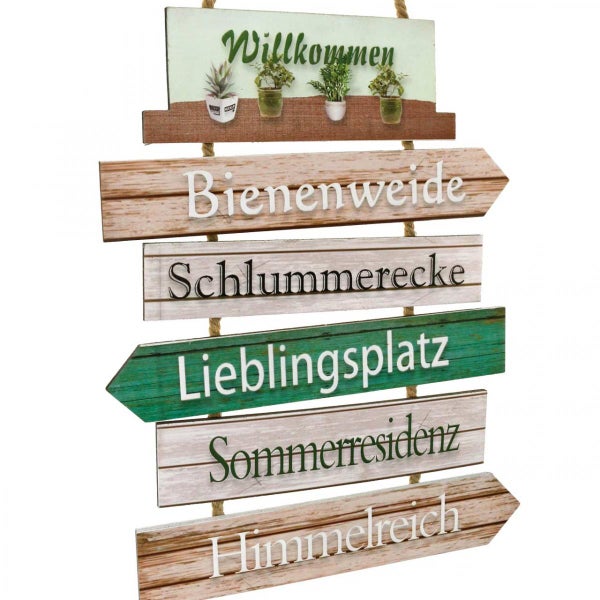 Dekoratives Holzschild mit verschiedenen Aufschriften und Pflanzenmotiven für den Gartenbereich.