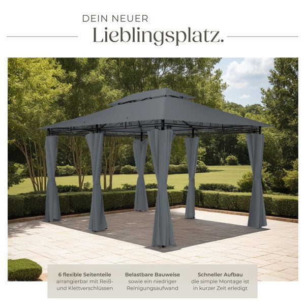 Pavillon mit Vorhängen im Gartenbereich