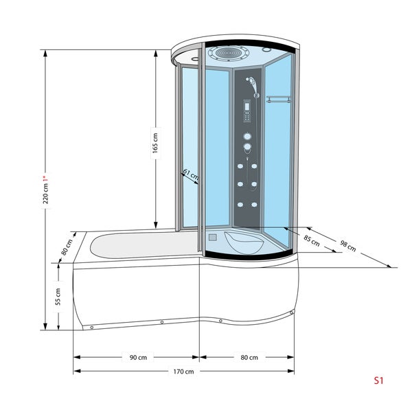 Technische Zeichnung einer Dusch-Badewannen-Kombination mit detaillierten Maßangaben in Zentimeter: Gesamthöhe 220, Breite 170, Tiefe 85.