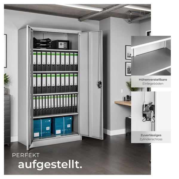 Stahlschrank mit geöffneten Türen, gefüllt mit Aktenordnern und einem Safe.
