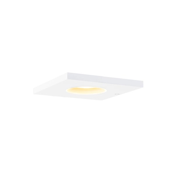 Quadratischer weißer LED-Deckeneinbaustrahler mit warmweißem Licht.