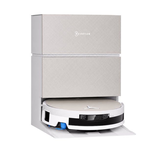 Ecovacs Saugroboter mit Dockingstation und Ecovacs Logo.