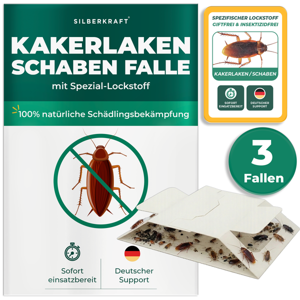 Silberkraft Kakerlaken Schaben Falle mit Spezial Lockstoff zur Schädlingsbekämpfung, Packung mit drei Fallen