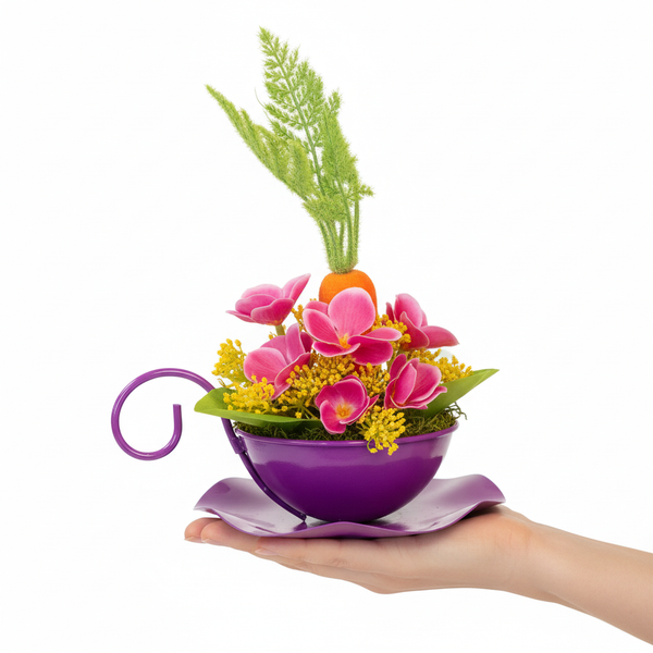 Osterdekoration in violetter Metallteetasse mit künstlichen rosa und gelben Blumen sowie einer Karotte.
