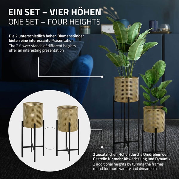 ML-Design Blumenständer 2er Set Schwarz-Gold 17x17x55/19x19x75,5 cm, aus Stahl, Blumentopfständer mit Übertopf, Metall Pflanzenständer, Blumentopfhalter 2-tlg, Pflanztopf Deko Blumensäule Blumenhocker
