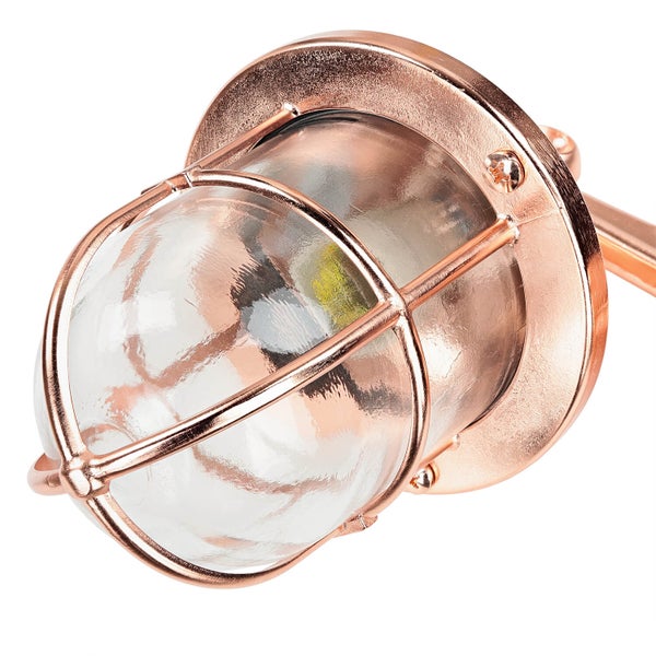 Kupferfarbene runde Außenleuchte mit klarem Lampenschirm.