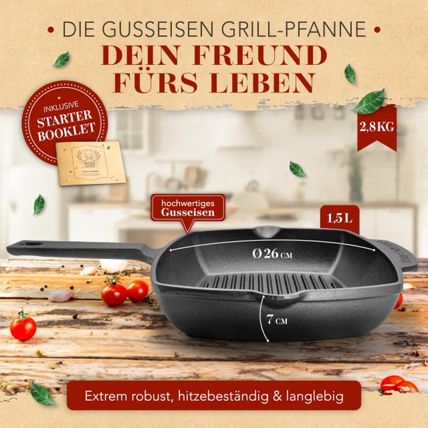 KRUSTENZAUBER 26cm Grillpfanne Induktion Stilgriff - Geriffelte Gusseisenpfanne Induktion - Ideale Gusseisen Pfanne, Eisenpfanne, Cast Iron Pan, Bratpfanne, Gusseiserne Pfanne Skillet Gusspfanne