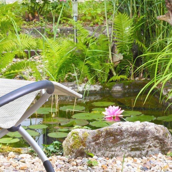 Gartensitzplatz mit einem Metallstuhl vor einem kleinen Gartenteich mit Seerose und Pflanzen.