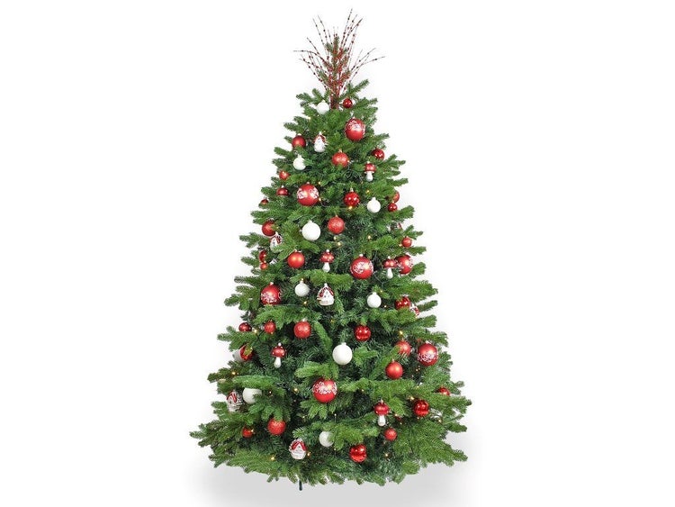 Geschmückter künstlicher Weihnachtsbaum mit Christbaumkugeln und Weihnachtsbaumspitze.